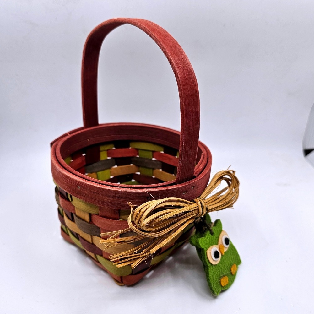 Multi Color Woven Wood Mini Basket with Green Owl Charms and Raffia Bow
